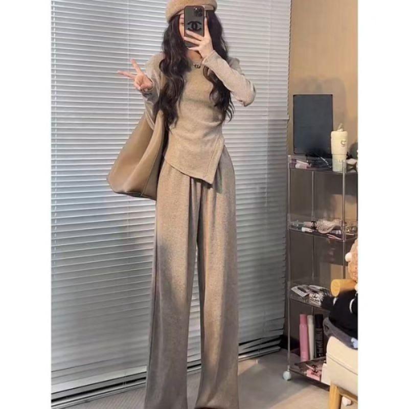 Womens Irregular Hem Top Straight Wide Leg Pants Set Casual Two Piece Outfit Petite