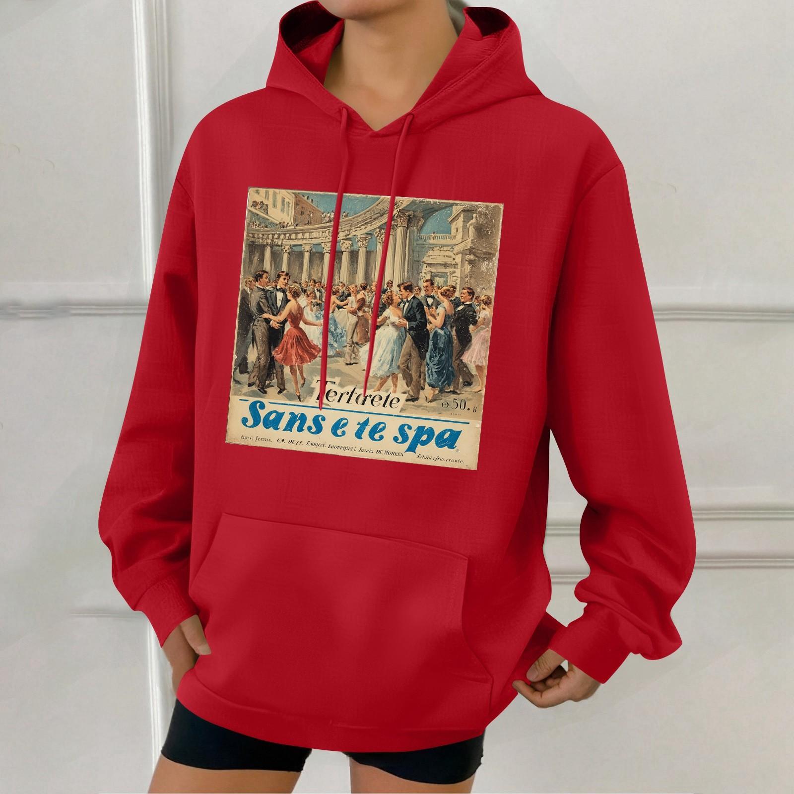 

Женская модная толстовка с капюшоном в стиле ретро с принтом и карманами S красный