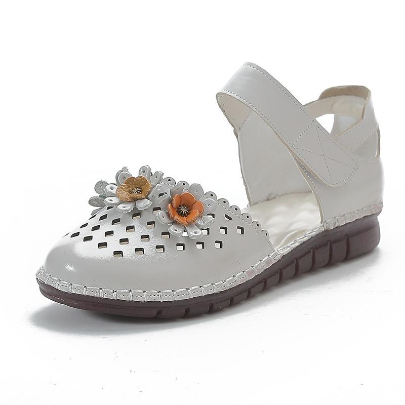 Summer new round head casual beef tendon sole women's shoes flower leather women's sandals breathable hole shoes