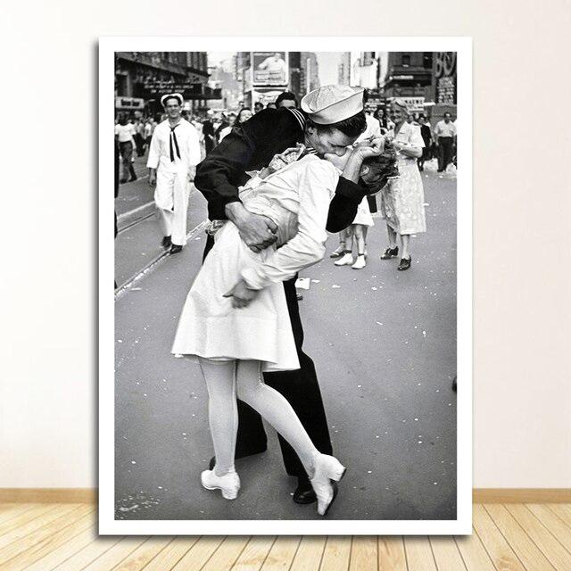 

Черно-белый винтажный художественный постер «Поцелуй победы», Картина на холсте в Нью-Йорке, Печать изображений, Украшение домашних стен, Без рамы 40x60cm No Framed