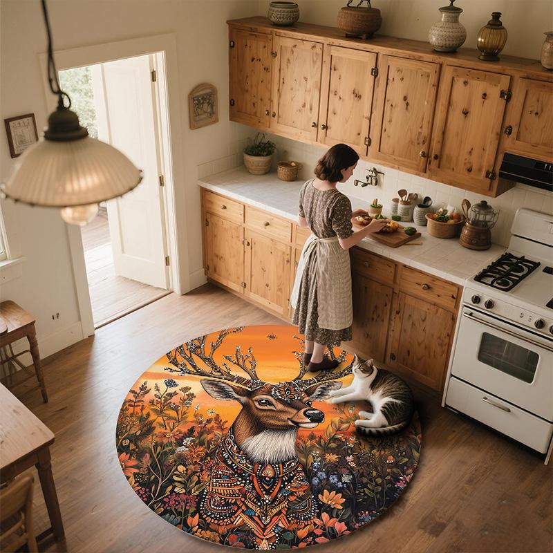 Vintage Sunset Deer Head,Round Area Rug,Carpet Rug for Living Room Bedroom Sofa Playroom Decor,Non-slip Floor Mat