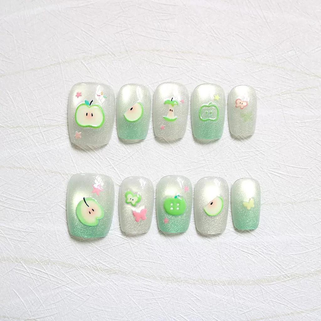 Ice Translucent Green Apple Glitter Press-On Nails with Cat Eye Art Stickers