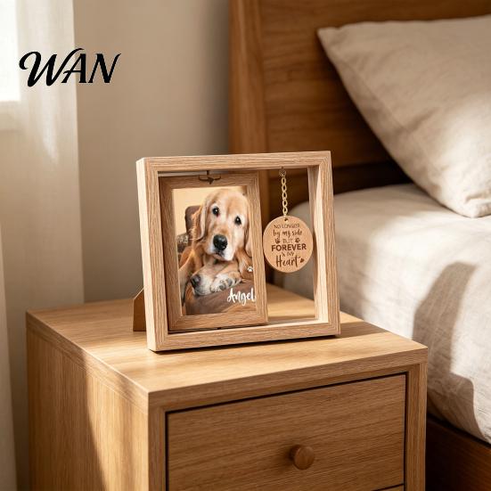 Home Decor Photo Frame Pet Memorial Wooden Frame, Rotatable Dog Cat Picture Desktop Decorative Holder Display for 4x6-Inch Photos with Hanging Sign