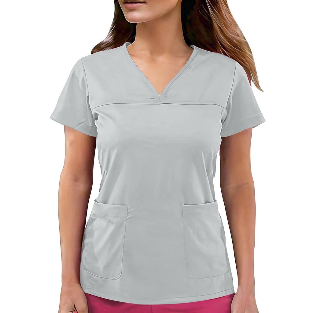 Top de uniforme de cuidador de manga corta con cuello en V de color para mujer con bolsillos de color