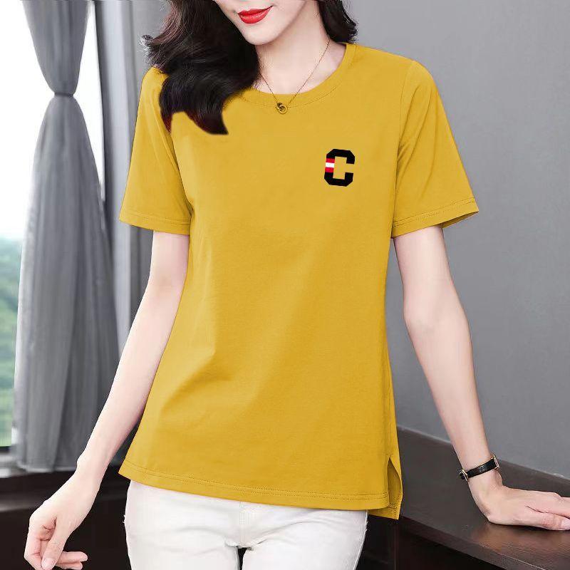 Summer Cotton Printing Letter Mid Length Version T-shirt Women High Quality Short Sleeve O-collar Loose Vent Lady Casual Top