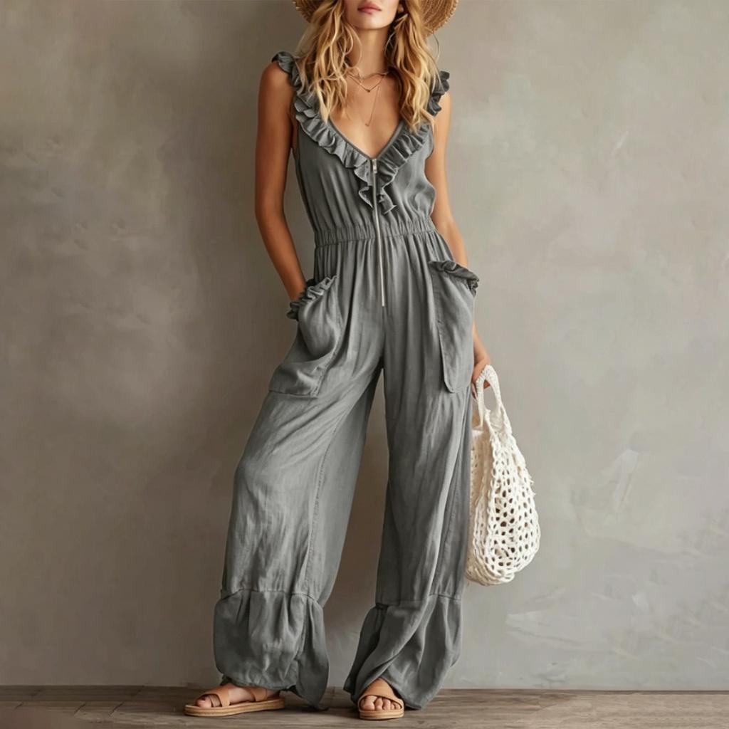 Women's Sleeveless V Neck Jumpsuit with Zipper Front Pockets Ruffle Details Wide Leg Casual Vintage Style Romper
