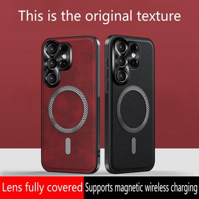 Wireless Charging Magnetic Case For Samsung S26 Ultra S25 Plus S24 FE PU Leather Shockproof Cover For Galaxy S26Ultra Bumper