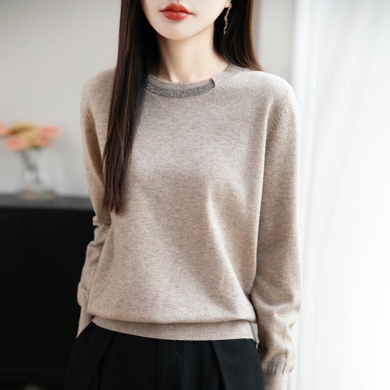 Women's Rhinestone Crew Neck Knit Sweater - Elegant, Versatile, and Stylish for Autumn & Winter