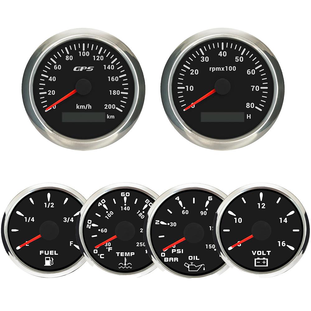 ELING 6 Gauge Set 85mm 200km/h 160MPH GPS Speedometer Tachometer 52mm 0-120℃ Water Temp Oil Pressure Fuel Level Voltmeter 12V