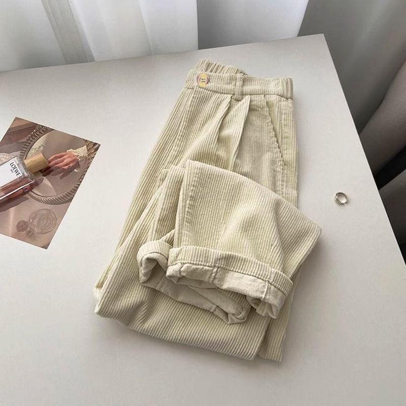 Retro cordfløyelbukser med høy midje Kvinner Vår Høst Rett Uformell bukser i full lengde Koreansk mote Baggy All Match Black Pant Plus Size