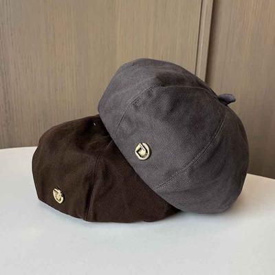 Metal Buckle Letter Mark Beret Female Japanese Literary And Artistic Painter Hat Solid Color Casual Versatile Pumpkin Hat
