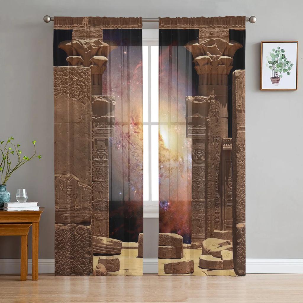 Ancient Egyptian Architecture Tulle Curtains Living Room Kitchen Bedroom Decor Voile Curtain Chiffon Window Drapes Light Filtering For Area Polyester