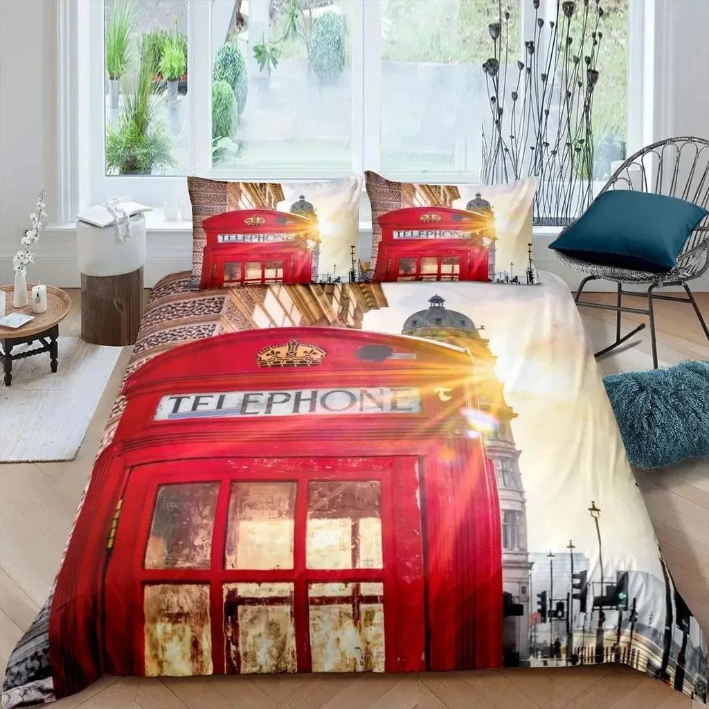 London Duvet Cover Full SizeTelephone Booth The Big Ben Bedding Set Comforter Cover Set Nostalgic Retro United Kingdom Bedding