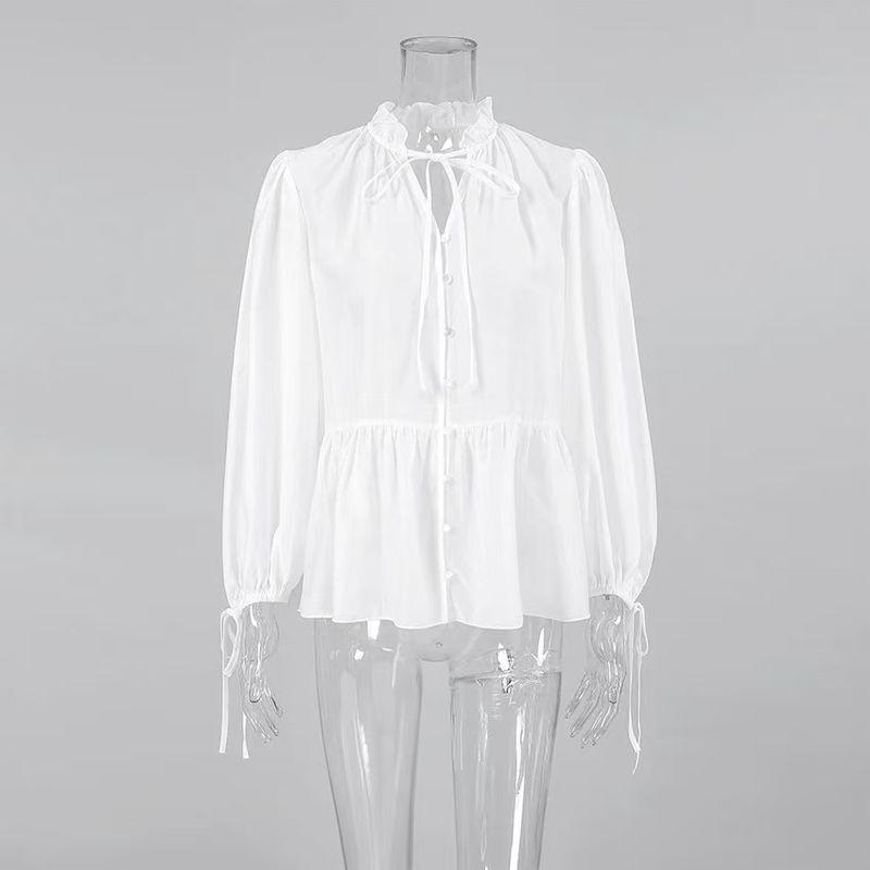 

European and American Fashion New Style Wrinkle Loose Shirt Small Stand Collar Puff Sleeve Shirt Bubble Sleeve Shirt White L