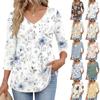Womens 3/4 Sleeve V Neck Button Detail Floral Print Tunic Top Casual Loose Fit Lightweight Blouse