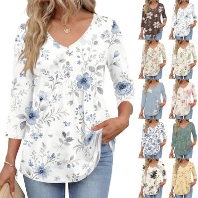 Womens 3/4 Sleeve V Neck Button Detail Floral Print Tunic Top Casual Loose Fit Lightweight Blouse