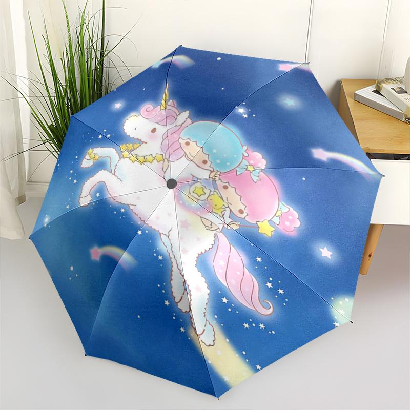 1pc Unicorn and Little twin stars Cartoon Umbrella, Portable 3-Fold Compact Umbrella, Suitable for Camping, Hiking and Travel, Ideal Easter Birthday G