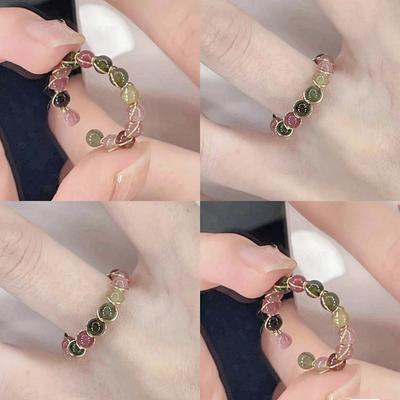 1Pc Rainbow Tourmaline Ring  Retro Handmade Metal Wire Winding Beaded Open Ring Female Jewelry