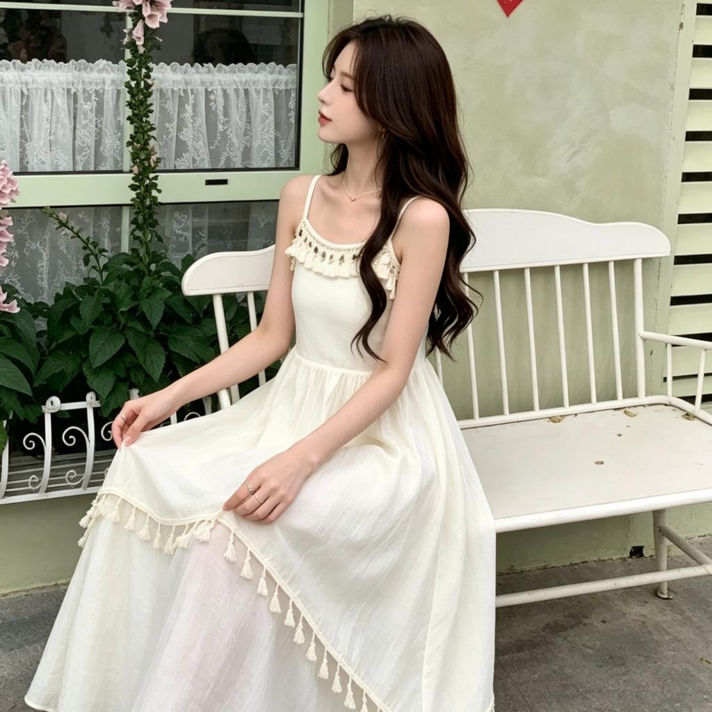 Summer New Red Fringed Suspender Dress for Women with Waist and Thin Seaside Vacation Style Travel Photo Dress