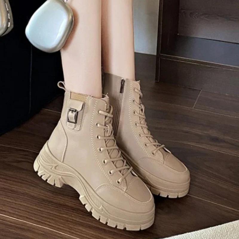 36-41 Women's Shoes Genuine Leather Ankle Boots Plush Outdoor Fashion Casual Platform Ladies Shoes for Women Autumn