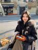 Women's Mid-Length Down Jacket, 2025 Winter, Horn Button Design, Fur Collar, Thickened, Loose Fit Coat.