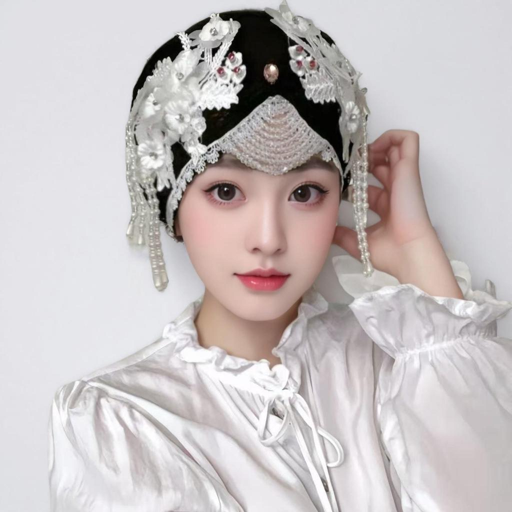 Elegant Hand-Beaded Tassel Beanie with Lace Flowers