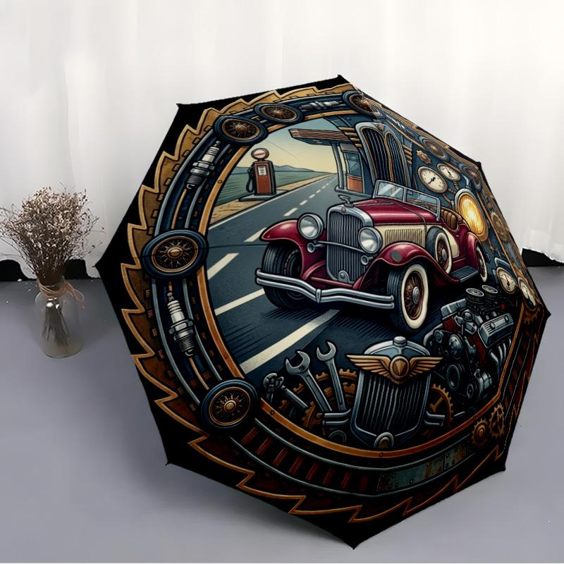 Steampunk Classic Road Trip Pattern Umbrella, Portable and Foldable Design, 8 Ribs, a Casual Accessory for Halloween, Christmas, and Birthday Gifts.