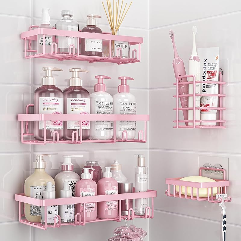 5 Pack Shower Caddy Organizer Rack Shelf for Inside Shower, Adhesive Bathroom Wall Storage Basket Rustproof Stainless Steel Shampoo Holder, Girly