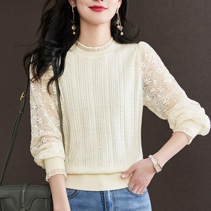 Spring Women's Lace Lantern Sleeve Hook Flower Hollow Knit Sweater Thin Cut with Black Fungus Collar Short Base Top