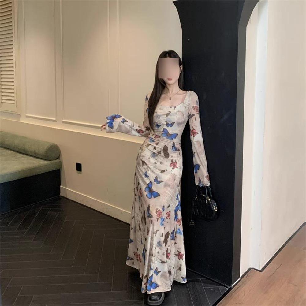 

Ретро Шик Платье Бодикон с Принтом Бабочки - Облегающее, Универсальное, Длинная Юбка для Весны/Лета M