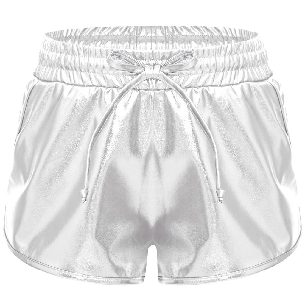 Meisjes Metallic Korte Broek Trekkoord Elastische Tailleband Glanzende Hotpants Dans Bodems Zakken Sportkorte Broek