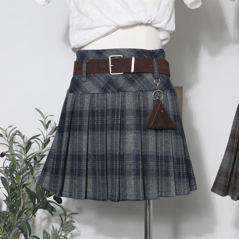 

Vintage Plaid High-Waisted Wool A-Line Skirt with Belt, Anti-Exposure College Style XL синій