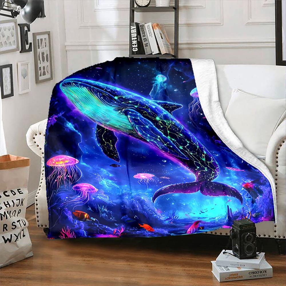 1PC Glowing whale with jellyfish printed blanket all seasons multi-purpose blanket suitable for sofa, camping, travel, car