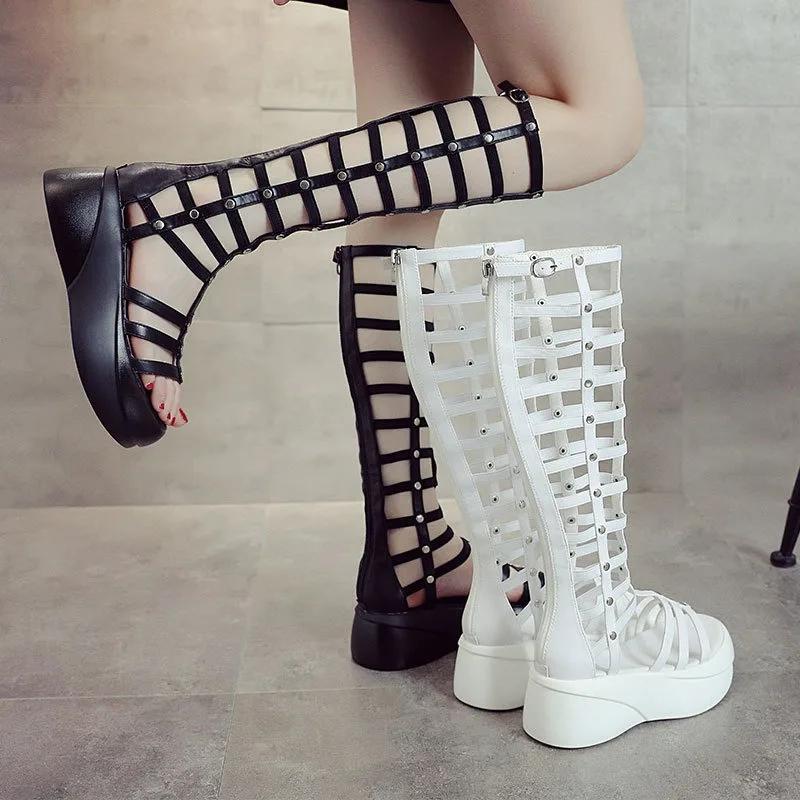 Fashion High Quality 2024 Roman Sandals Women Shoes Platform Mid Calf Summer Boots Womens Platform Heels 6cm Thick Heel Sandals Zip