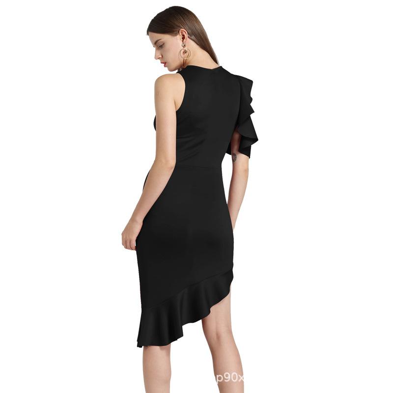Women's Autumn and Winter New Evening Dress Flying Sleeve Off -the -shoulder Ruffled Side Dress
