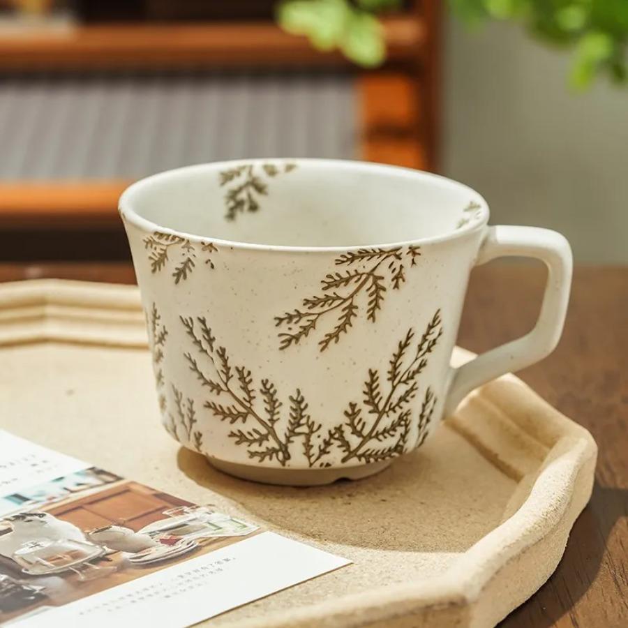 Vintage Embossed Aquatic Weed Ceramic Coffee Cup Breakfast Oatmeal Milk Mug Home Drinking Water Mug Holiday Gift Mug Home Decor