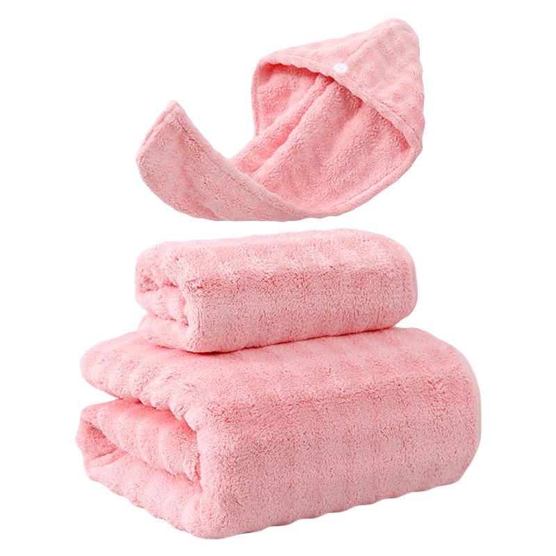 Coral Fleece Three-Piece Bath Set: Thick, Absorbent, Non-Shedding Towels with Hair Drying Cap.