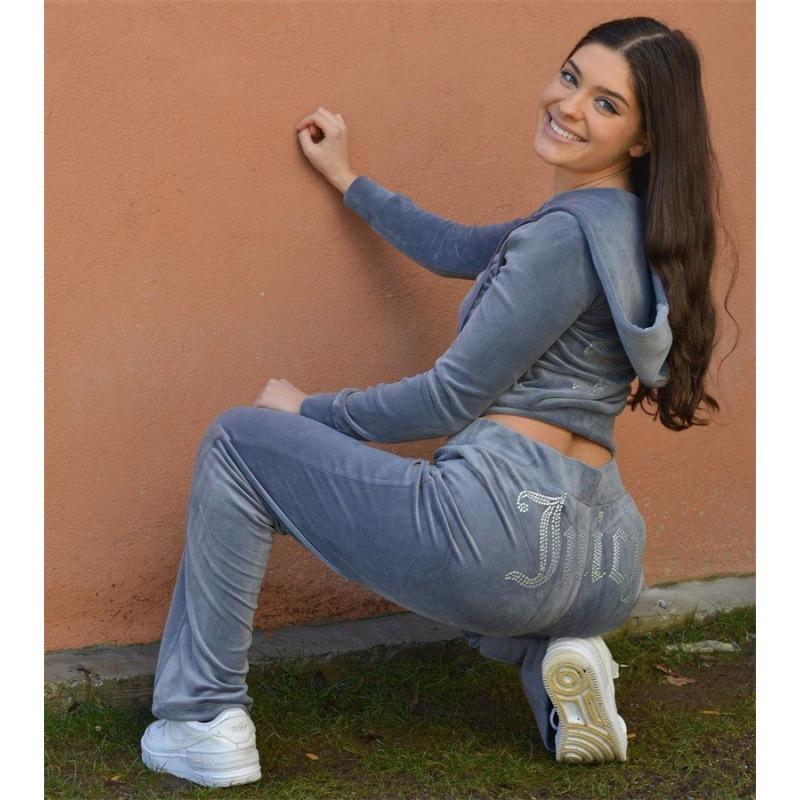 Women Velvet Tracksuit 2 Piece Set Rhinestone Letter Hooded Crop Jacket Long Pants Casual Sport Outfit Autumn Wear