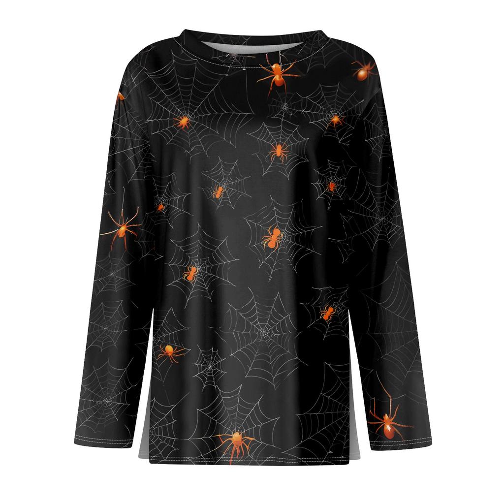 Women's Long Sleeve Round Neck Top with Halloween Print and Side Split Hem