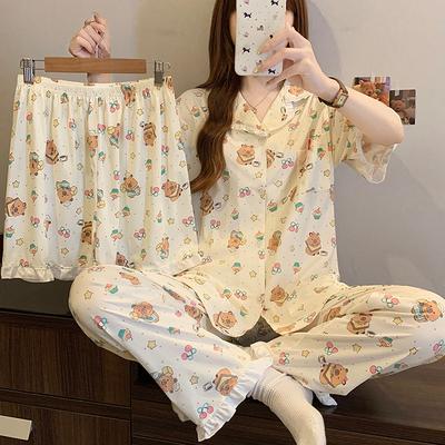 Imitation Cotton Pajamas Women's Summer Cartoon Short-sleeved Three-piece Set Summer Thin Comfortable Loungewear