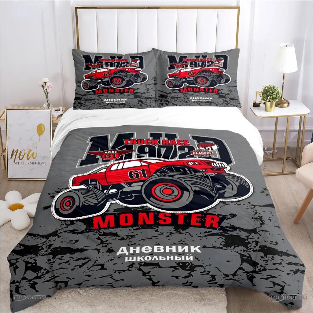 Copripiumino Monster Truck Catroon Monster Jam Set Biancheria da Letto Copripiumino Morbido e Federe per Adolescenti Singolo/Matrimoniale/Queen/King