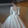 Elegant Backless Satin Wedding Gown - Vintage French-Inspired Long Sleeve Dress