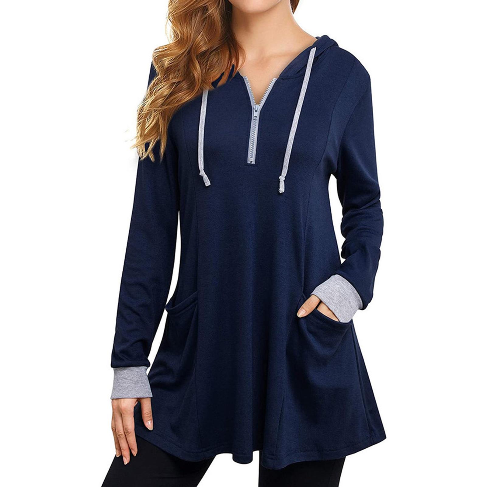 

Элегантный свитшот осенний женский повседневный с длинным рукавом толстовка с капюшоном на молнии с карманом пуловер толстовки M королевский синий