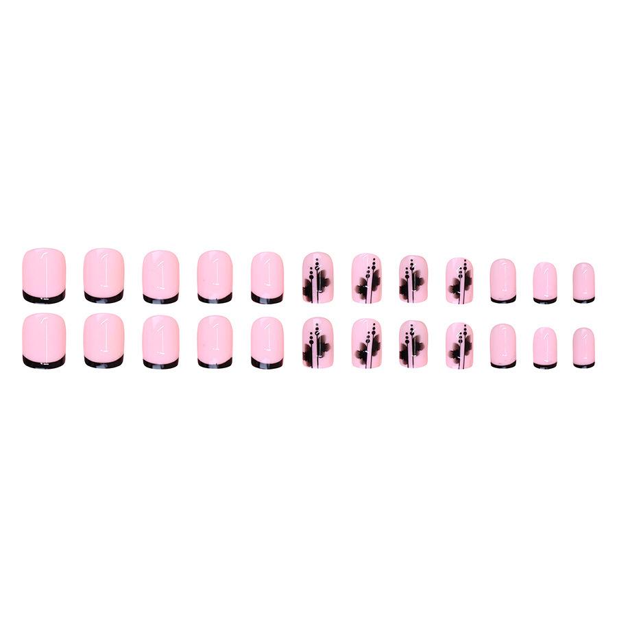Barbie Pink & Black Leaf Silhouette Lively Press-On Nails: Brightening, Simple, Temperate European & American Style for Autumn & Winter.