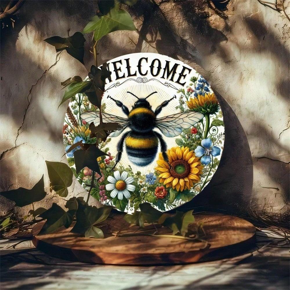 Round Metal Tin Sign 8x8 Inch Bee Flower Vintage Wall Art for Bar