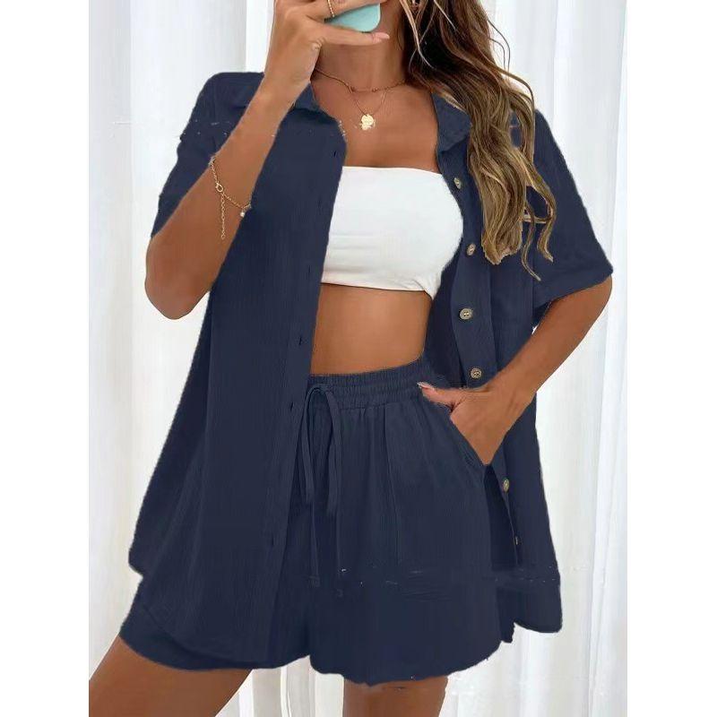 

Fashion Style Loose Single Breasted Shirt Shorts Suit Solid Color Shirt and Shorts Set Dark blue XL