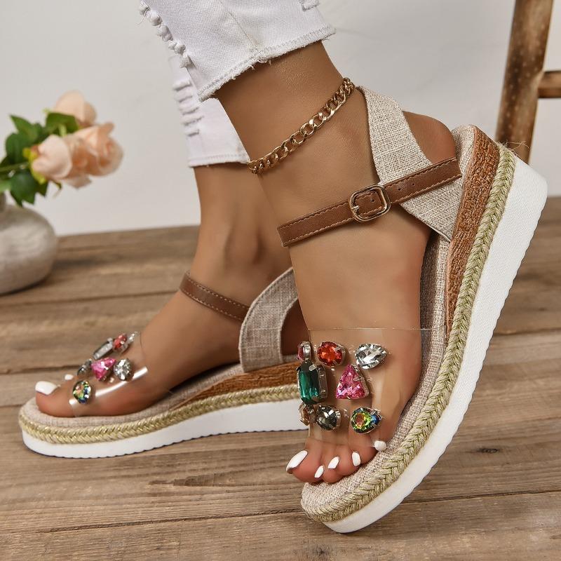 Übergröße Plateau-Sandalen Damen Runde Zehenpartie Offene Zehenpartie Ein Riemen mit Schnalle Klare Edelsteine Hanfgewebt Strand-Sandalen
