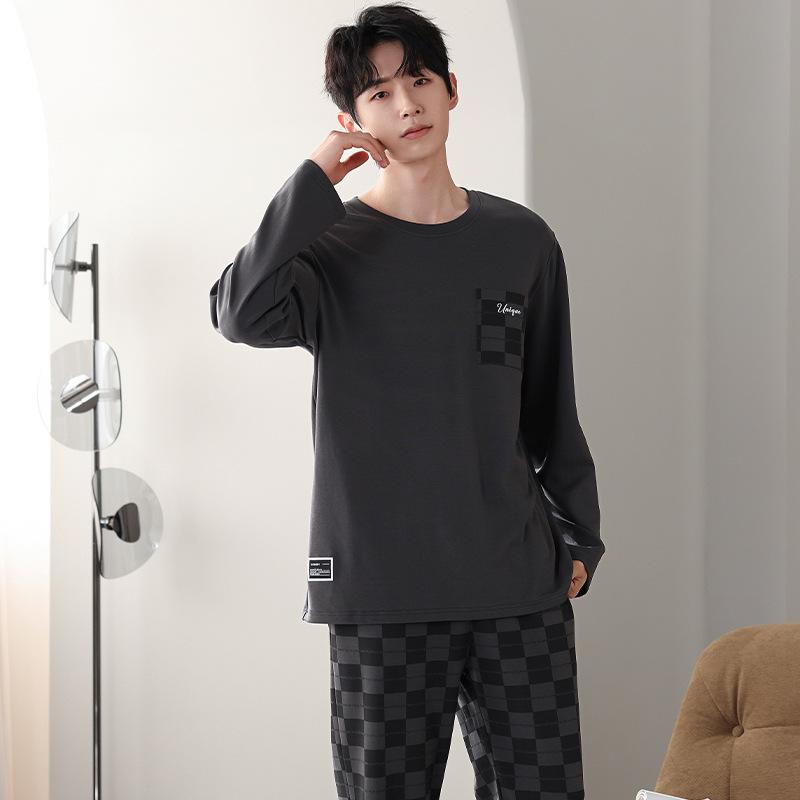 Men'S Pajamas Men'S Spring And Autumn Pure Cotton Long-Sleeved Men'S Autumn Cotton Casual Loungewear Set