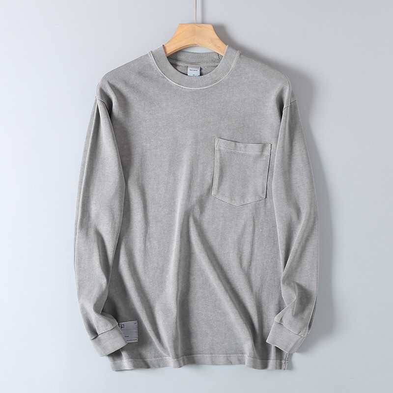 Heavyweight Cotton Washed Pocket Long-Sleeve T-Shirt for Men, Spring and Autumn, Loose Casual Solid Color Base Shirt, Crew Neck Pullover Sweatshirt