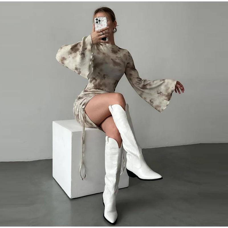 2025 Fashion Women Sexy Bodycon Bell Sleeve Dress Spring Summer New Elegant Slim Fit High Waist Printed Short Skirt